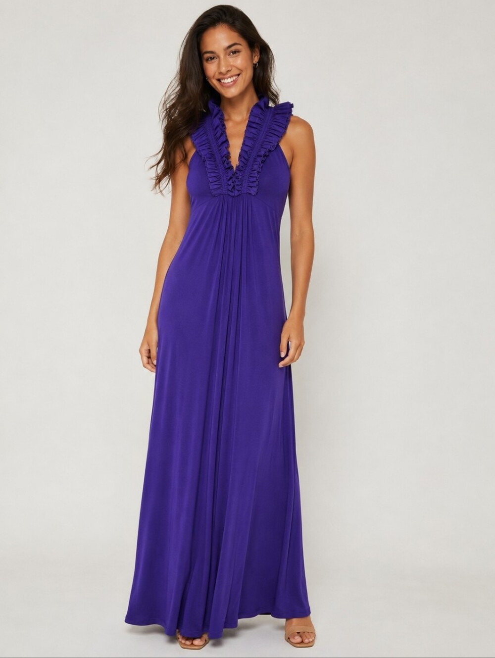 BCBGMaxAzria Purple Ruffled V-Neck Maxi Dress